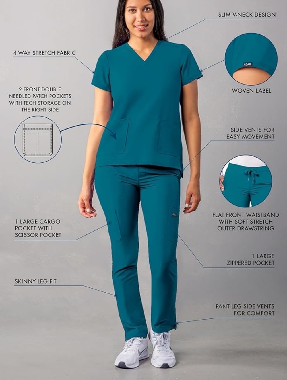Adar Caribean Blue Skinny Leg Scrub Set 2XL